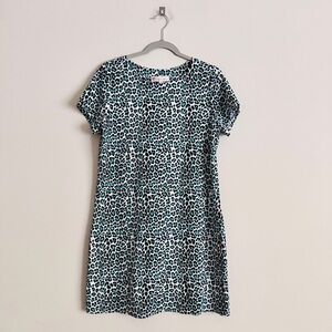 Jude Connally Ella Leopard Print Shift Dress Size M Stretch Aqua Made in USA